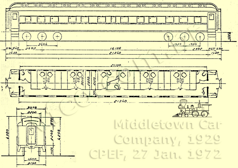 Desenho e medidas dos vagões leito (dormitórios) nº 751 a 752 do Trem de Aço da CPEF, construídos por Middletown Car Company, 1929