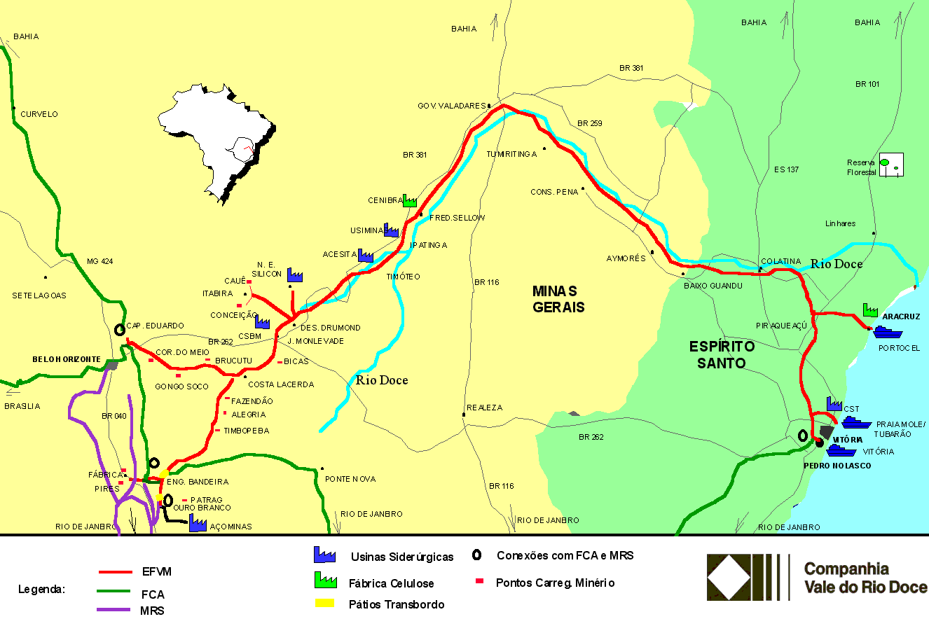 Mapa regional da EFVM e suas conexões com as ferrovias FCA, MRS, usinas siderúrgicas, fábrica de celulose, pátios de trasbordo e pontos de carregamento de minério em 2003