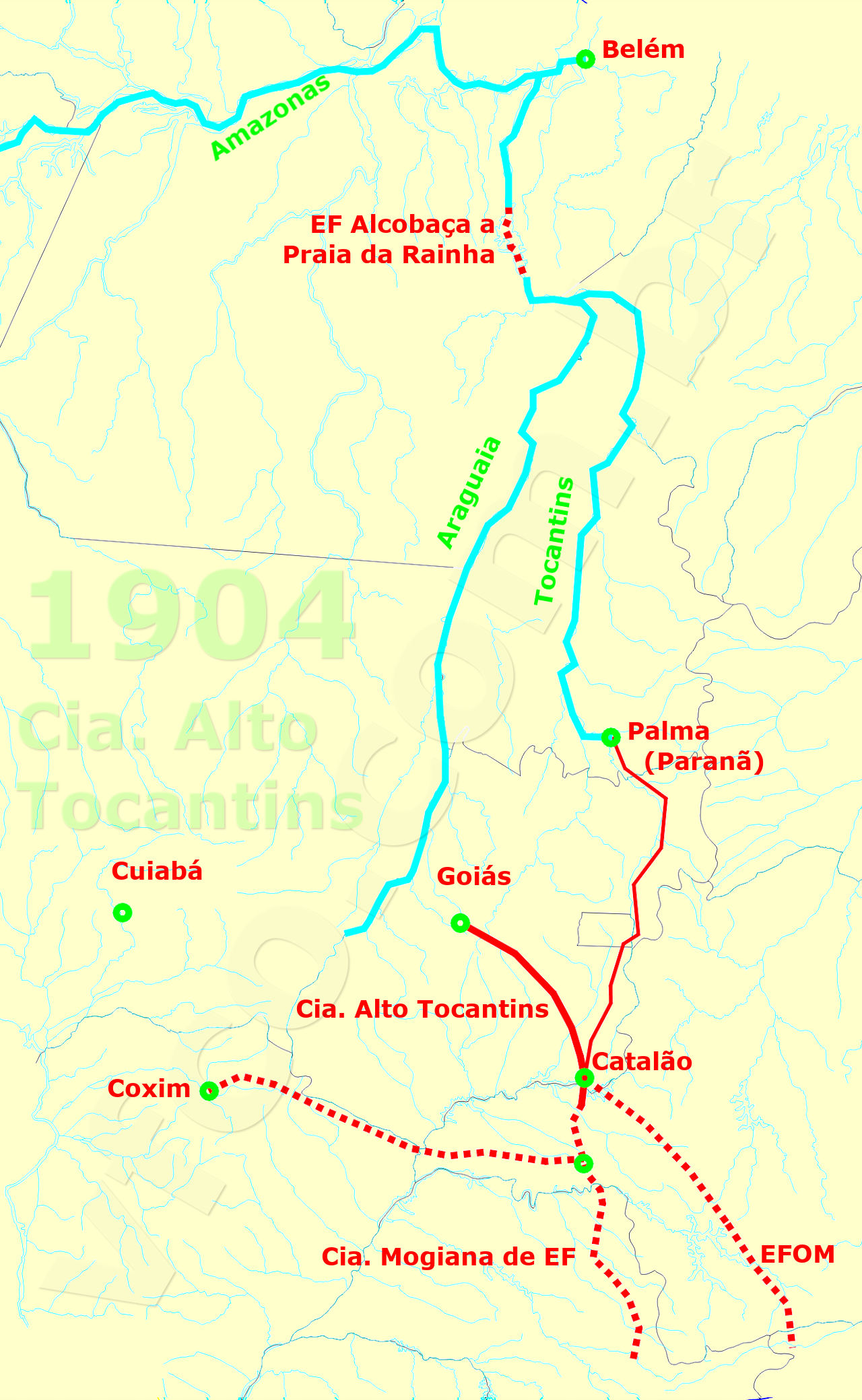 Traçado das ferrovias da Companhia Alto Tocantins, após a revisão de 1904: de Araguari a Goiás velho; e ramal para o alto Tocantins