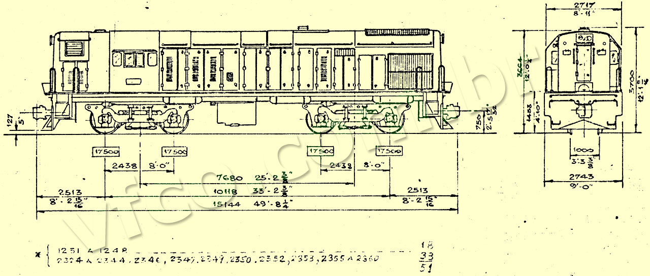 Desenho e medidas das locomotivas U13B na planta da SR3 Divisão Operacional Campos da RFFSA