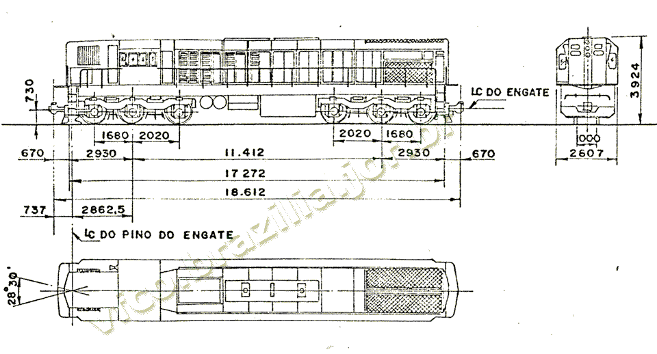 Desenho e medidas das locomotivas G16 da EFVM - Estrada de Ferro Vitória a Minas