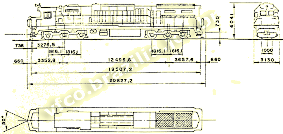 Desenho e medidas das locomotivas GT26CU2 GM e Macosa da Estrada de Ferro Vitória a Minas