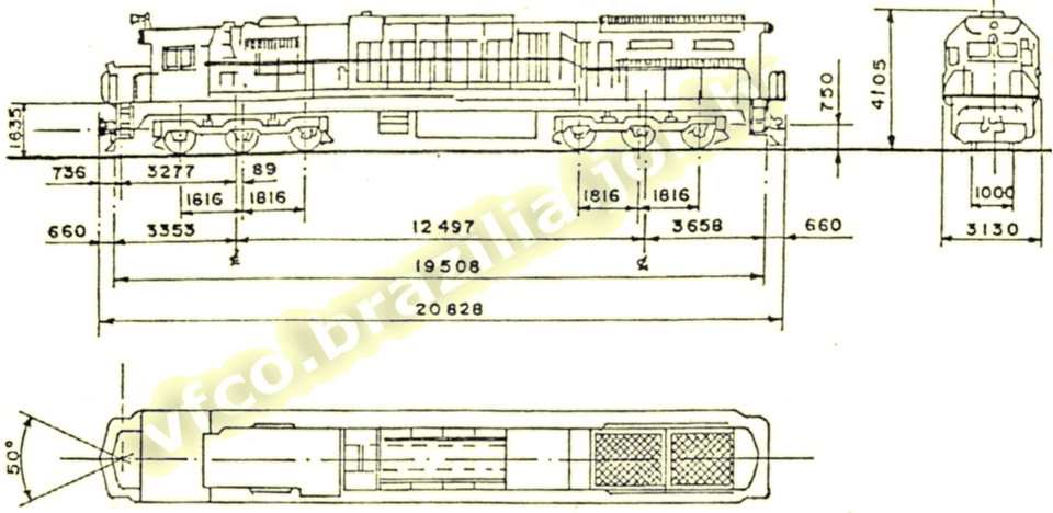 Desenho e medidas das locomotivas GT26CU2 GM-Villares da Estrada de Ferro Vitória a Minas