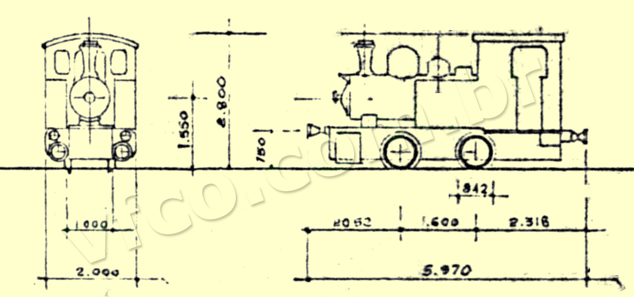 Desenho e medidas da locomotiva a vapor Kassel (1925) 0-4-0 n FC1 da EFVM - Estrada de Ferro Vitória a Minas