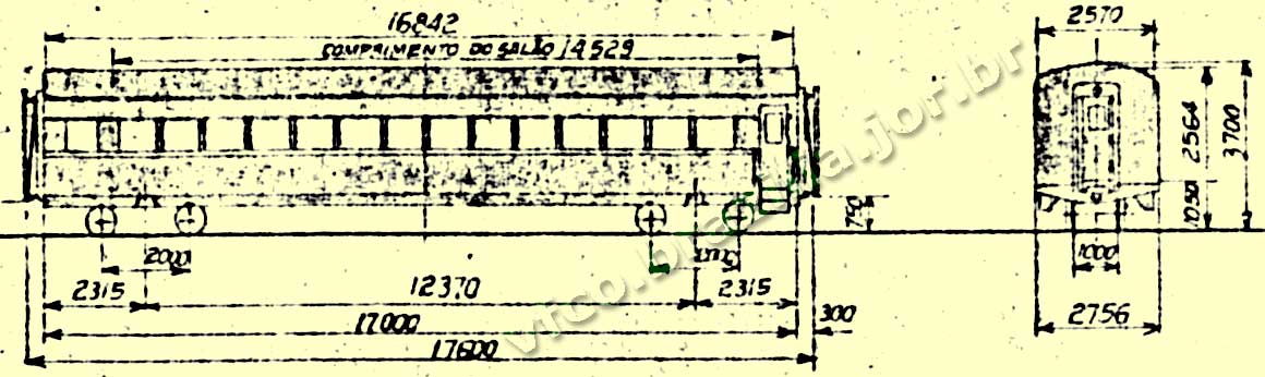 Planta antiga: desenho e medidas dos vagões de Segunda Classe em aço carbono da Santa Matilde para o trem de passageiros da EFVM - Vitória a Minas