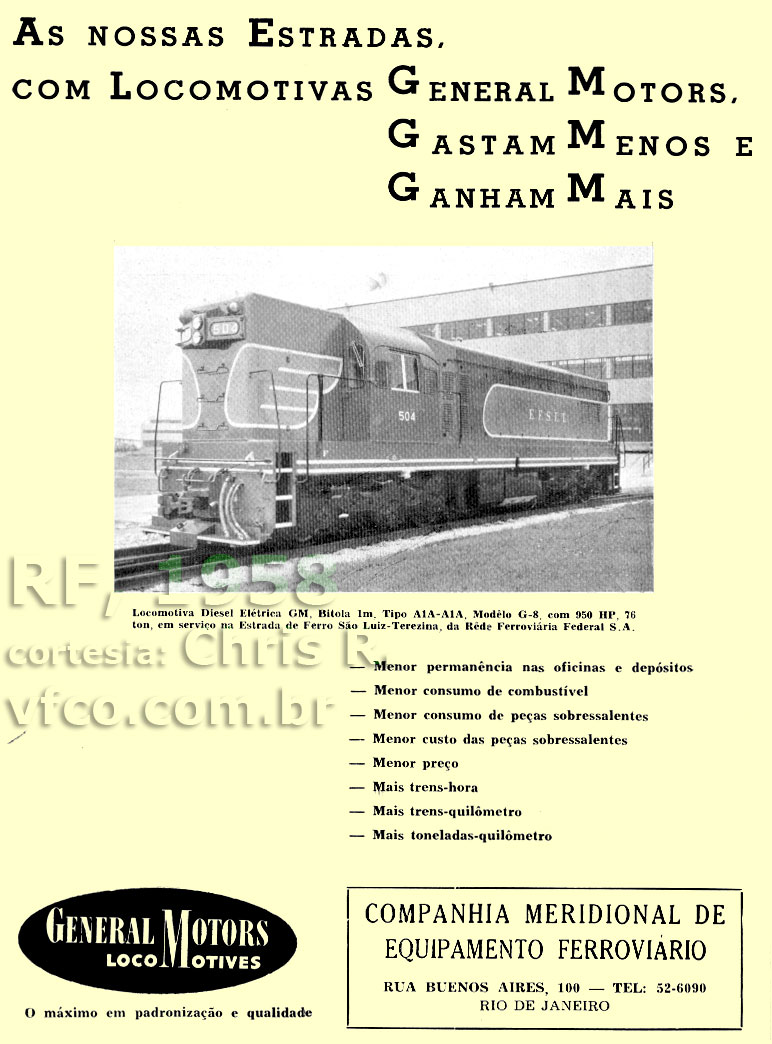 Locomotiva G8 A1A-A1A nº 504 da EFSLT em anúncio publicado em 1958