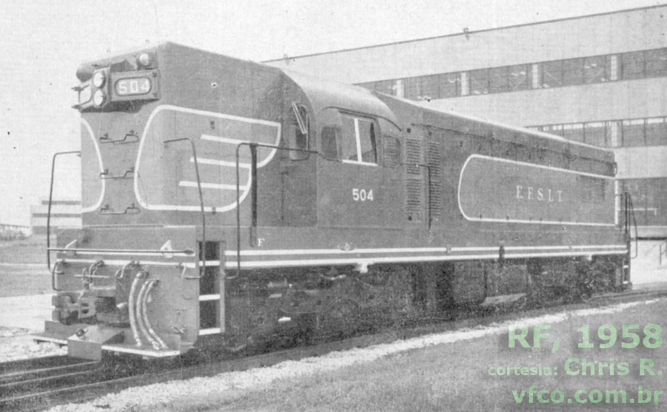 Locomotiva G8 A1A-A1A nº 504 da EFSLT com o que seria o primeiro padrão de pintura de locomotivas diesel dessa ferrovia
