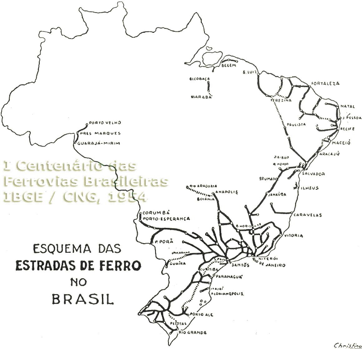Mapa das estradas de ferro existentes no Brasil em 1954