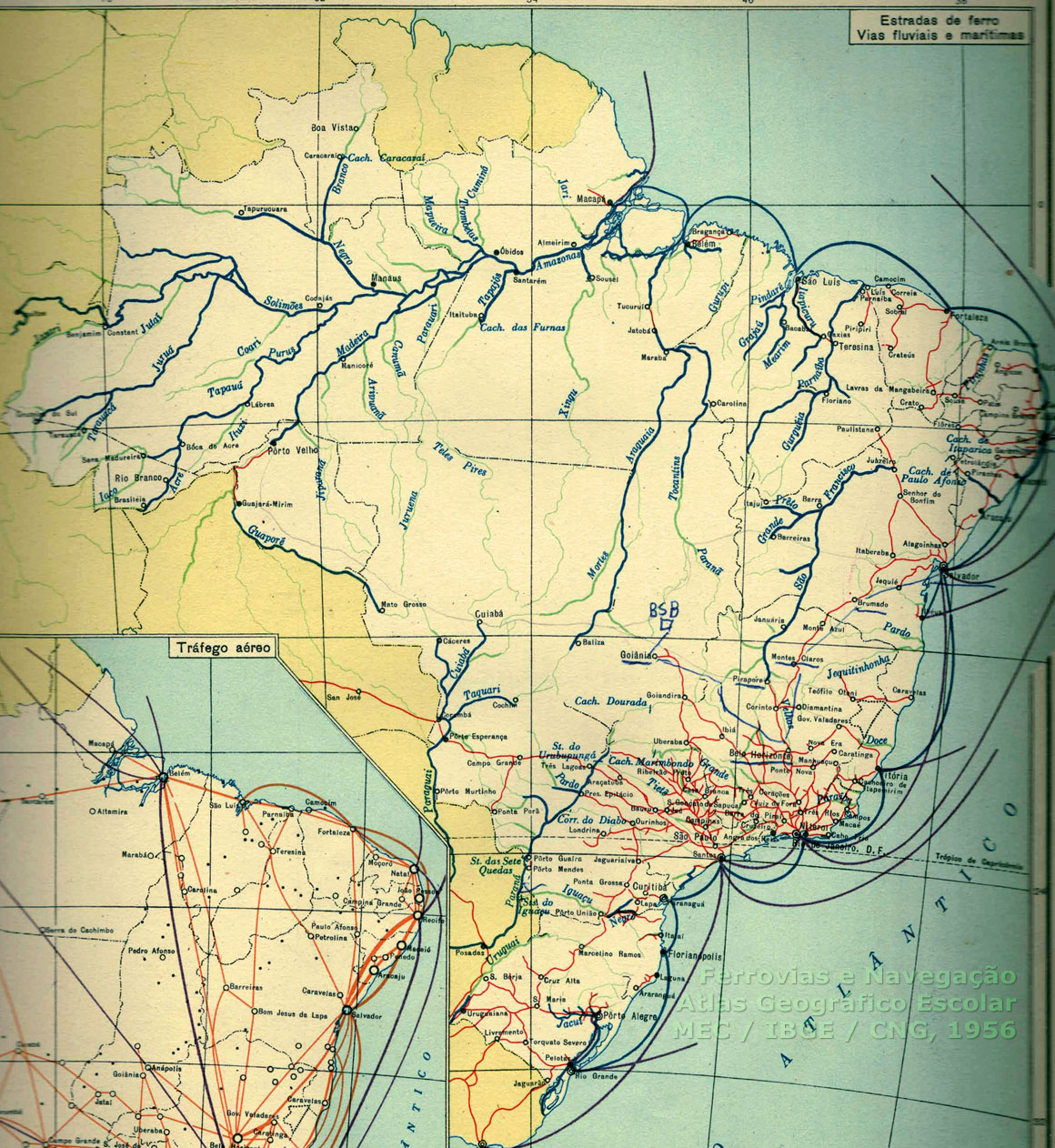 Rios navegáveis do Brasil, segundo o Atlas Escolar do MEC, de 1955