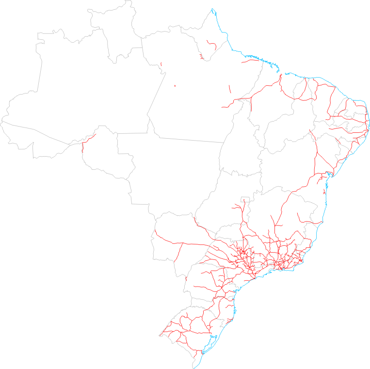 Mapa aproximado de todas as ferrovias brasileiras — inclusive as já erradicadas — em relação aos Estados atuais