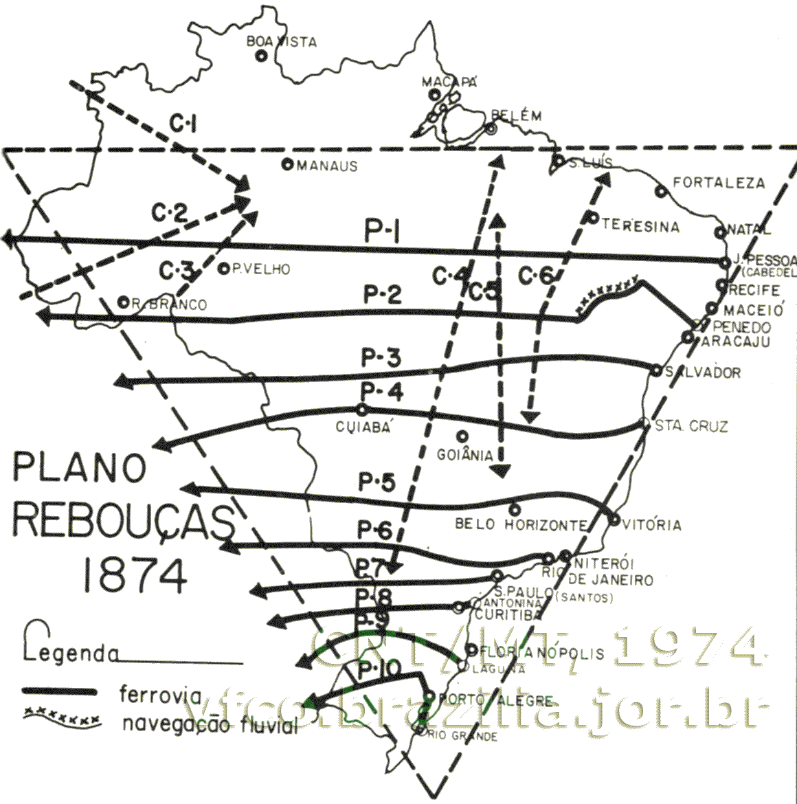 Ferrovias propostas pelo engenheiro Rebou&ccedil;as