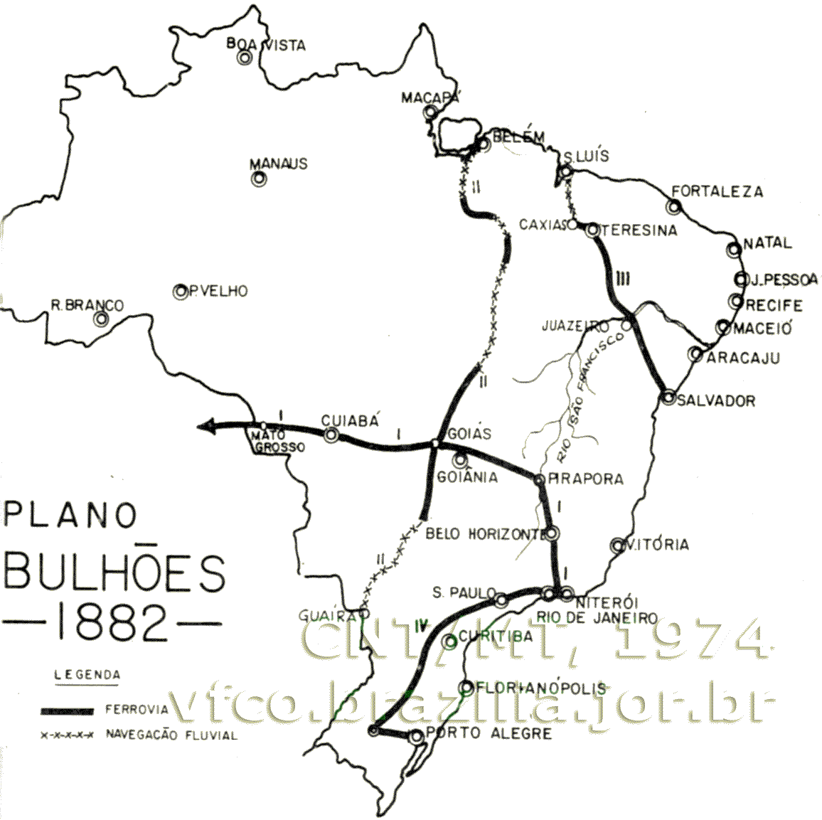 Traçados das ferrovias propostas pelo engenheiro Bulhões