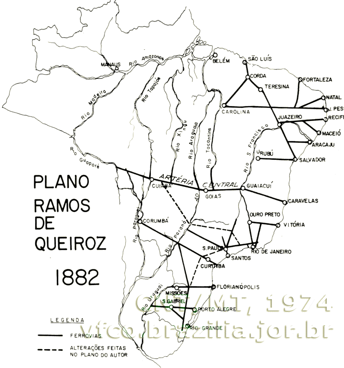 Traçados das estradas de ferro do segundo plano Ramos de Queiroz