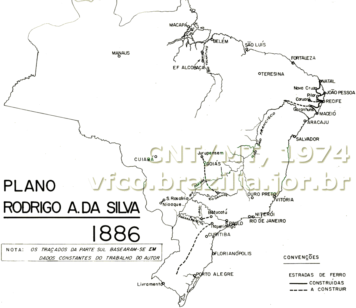 Traçados das ferrovias propostas pelo ministro em 1886