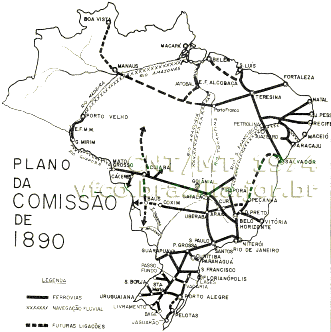 Mapa das estradas de ferro propostas pela Comissão