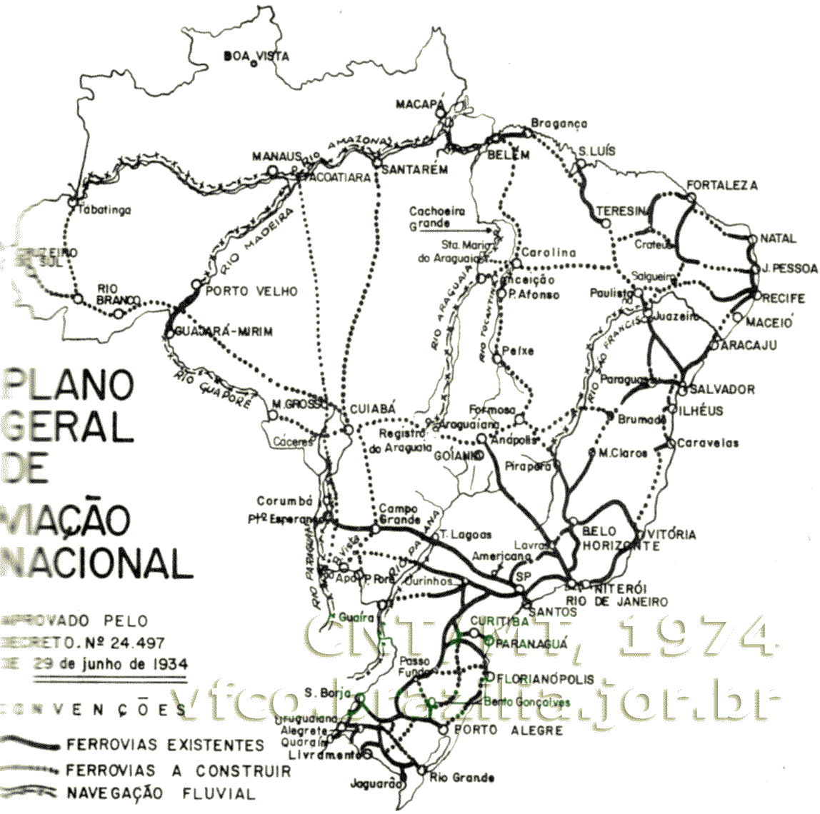 Mapa das estradas de ferro previstas no PGVN 1934 - Plano Geral de Viação Nacional