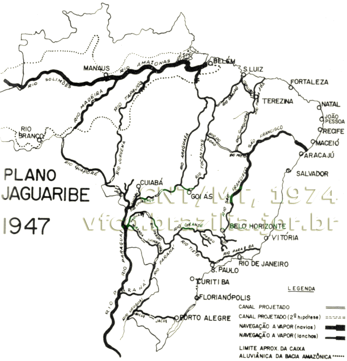 Mapa dos rios navegáveis, hidrovias e canais de navegação do Plano Jaguaribe, de 1947