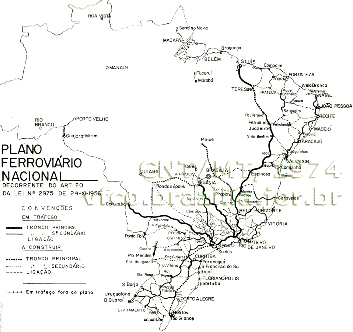 Estradas de ferro previstas no Plano Ferroviário Nacional de 1956
