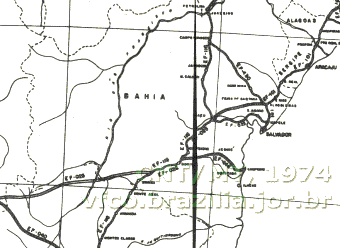 Mapa das ferrovias a leste de Brasília no PNV-1973 - Plano Nacional de Viação