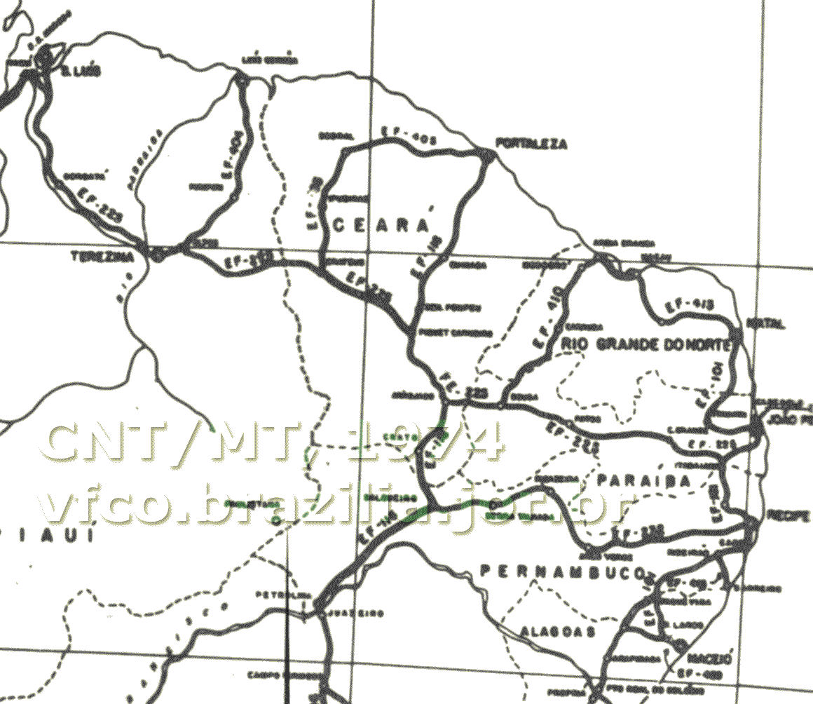 Mapa com as ferrovias do Nordeste no Plano Nacional de Viação de 1973