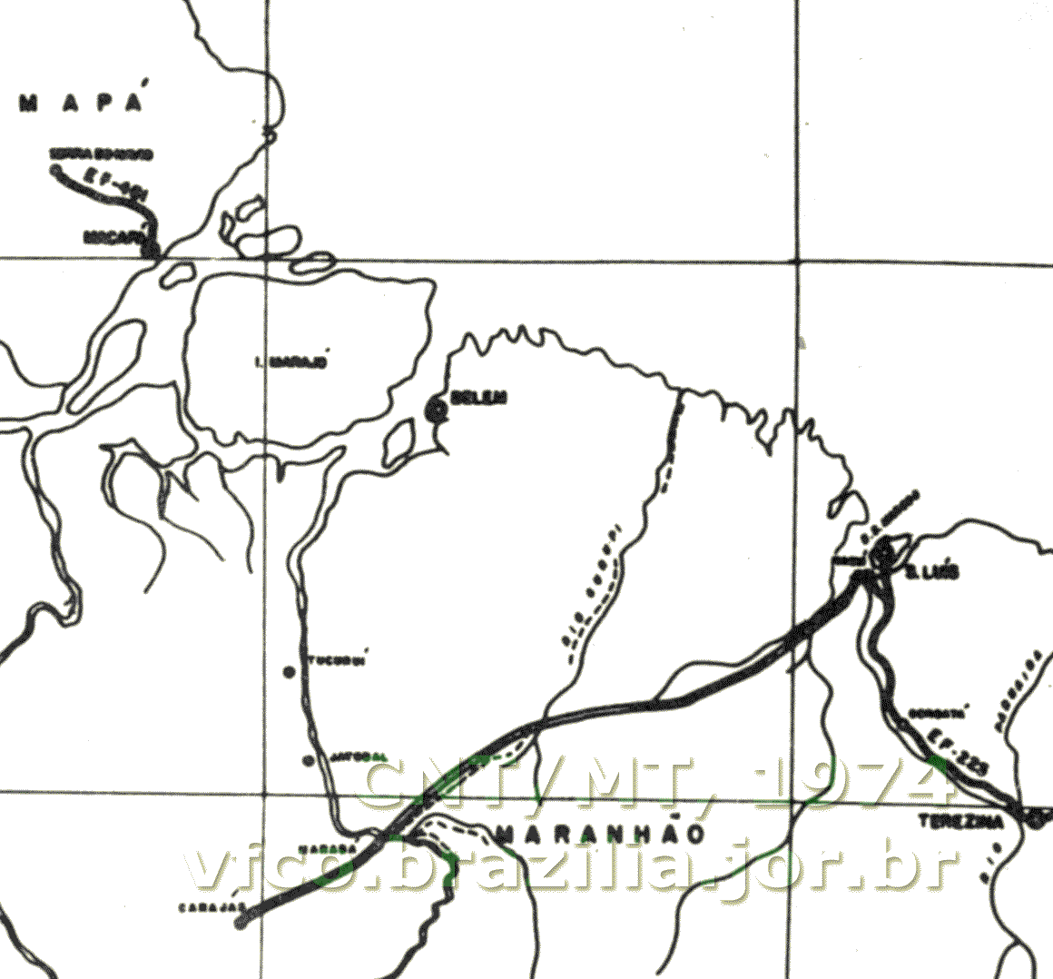 Mapa da Estrada de Ferro Carajás, única ferrovia projetada para a região Norte no PNV-1973 - Plano Nacional de Viação