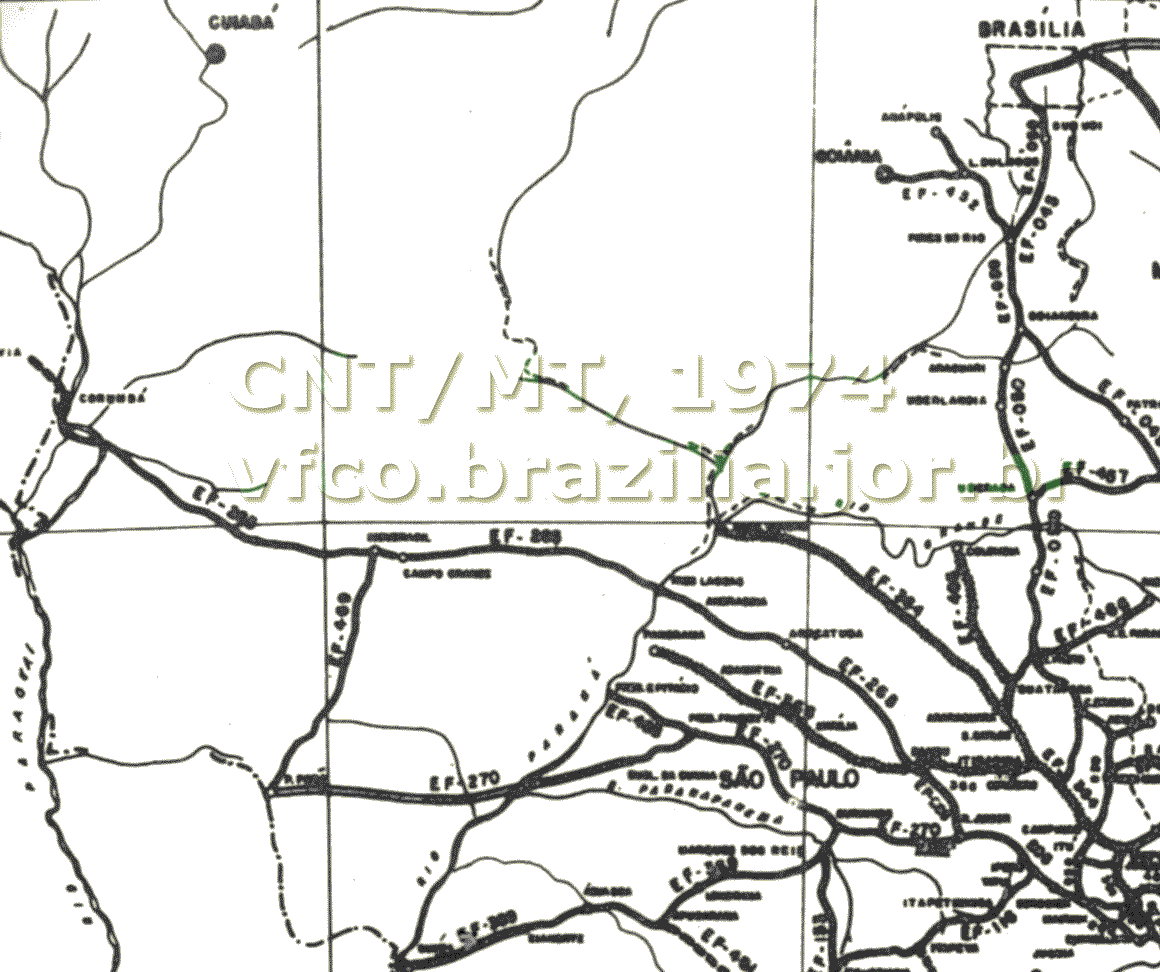 Mapa das ferrovias a oeste de Brasília no PNV-1973 - Plano Nacional de Viação