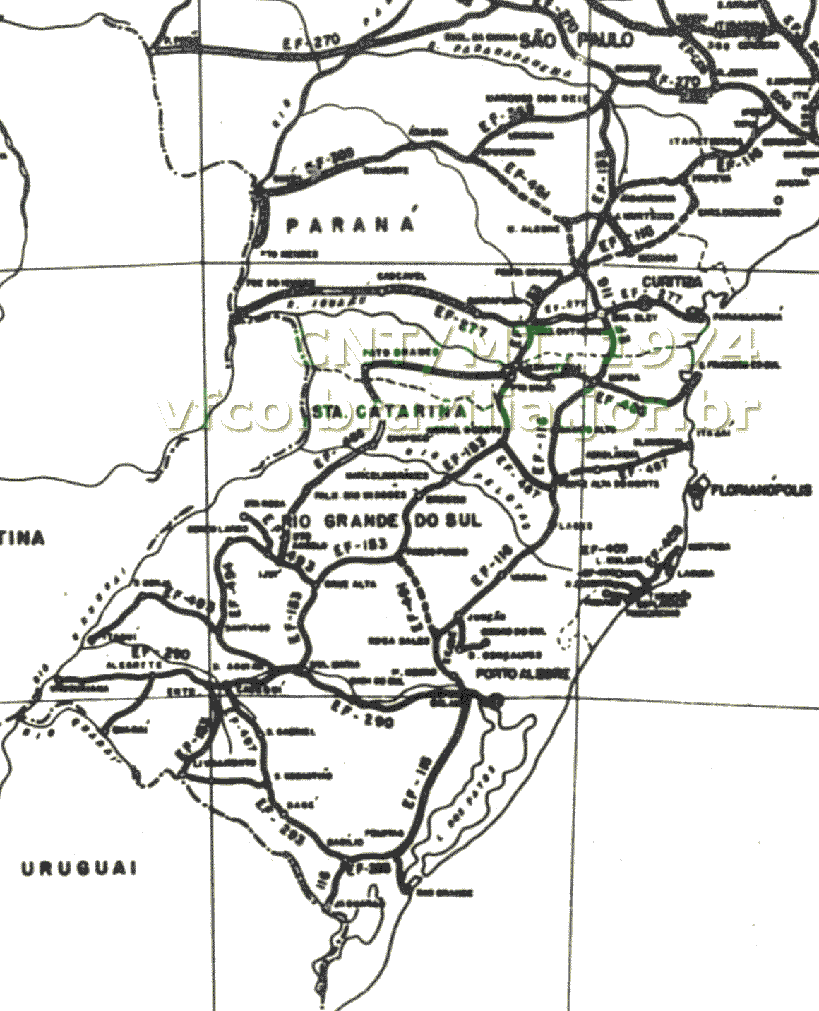 Mapa das ferrovias do Plano Nacional de Viação (PNV) de 1973 para a região Sul