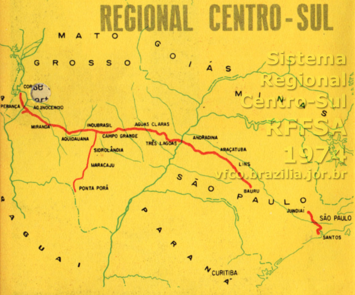 Mapa dos trilhos do Sistema Regional Centro-Sul da RFFSA - Rede Ferroviária Federal em 1974