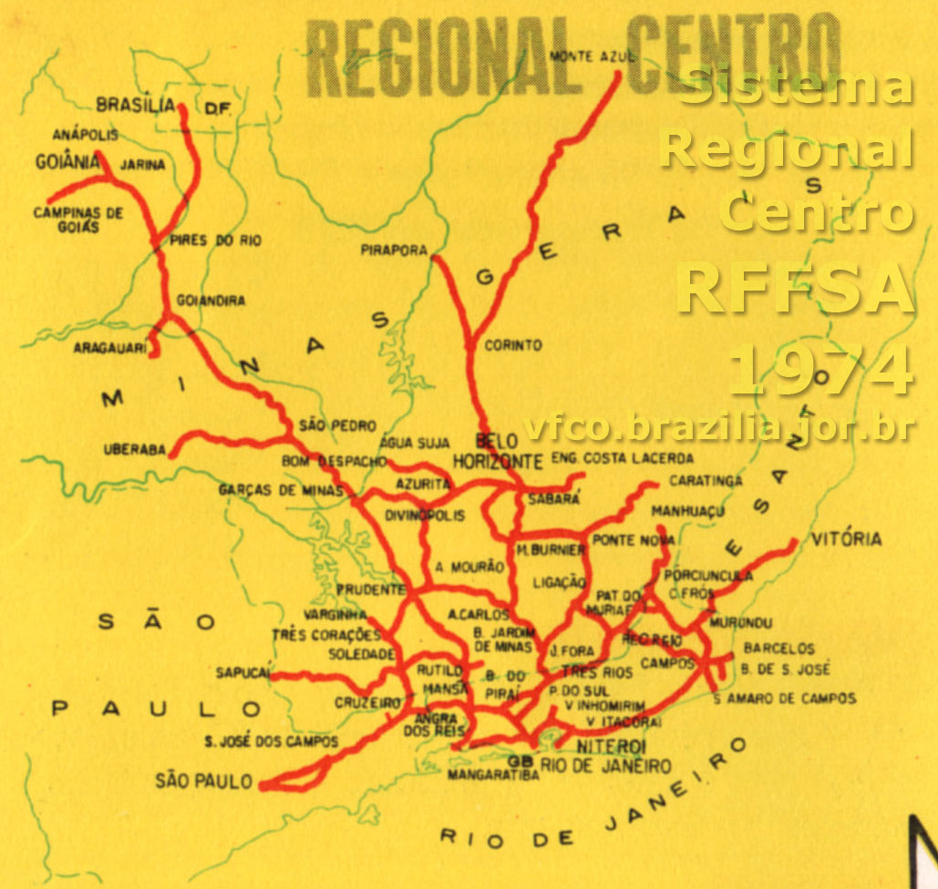 Mapa dos trilhos do Sistema Regional Centro da RFFSA - Rede Ferroviária Federal em 1974