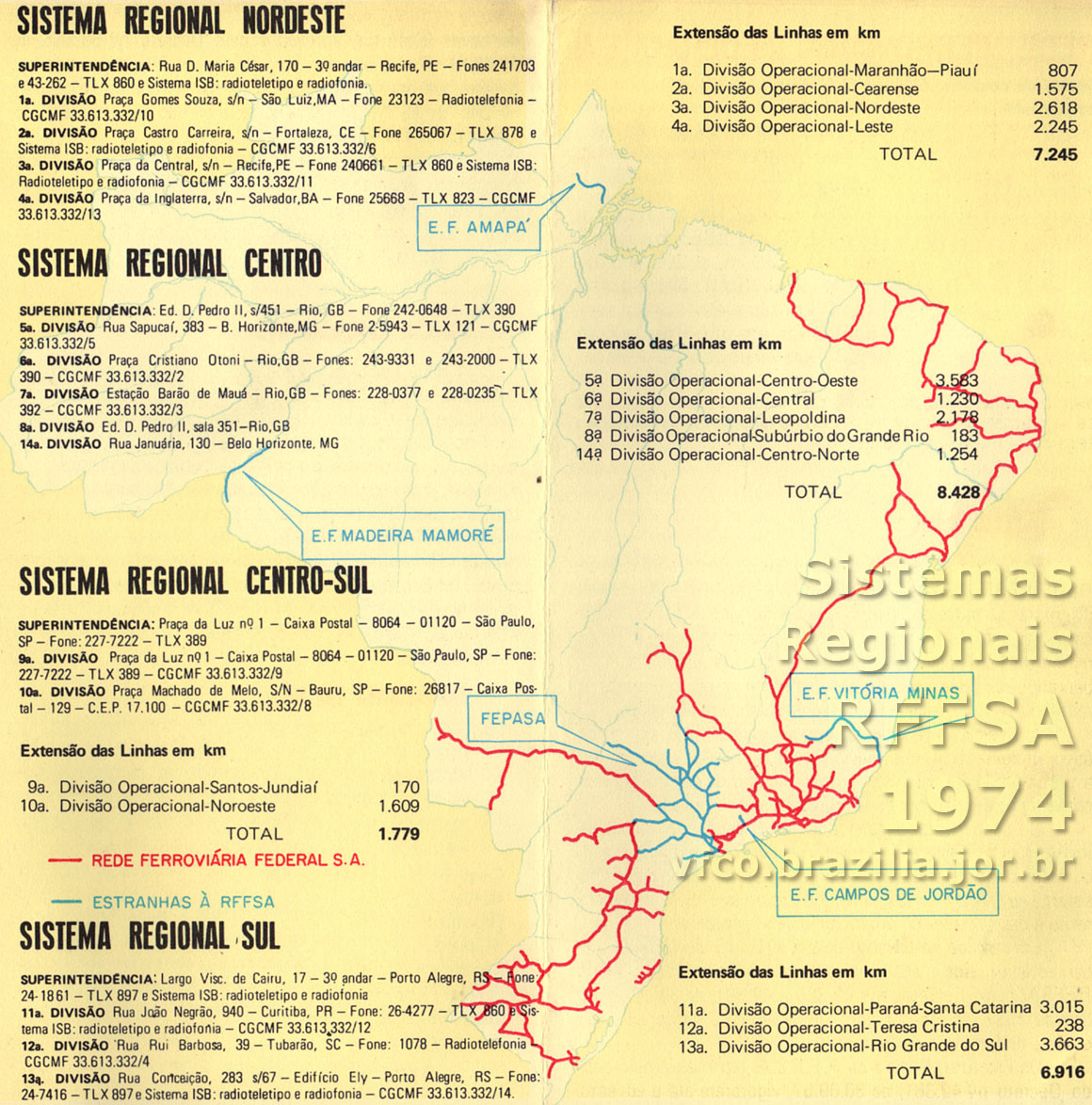 Mapa dos trilhos e diagrama da organização da RFFSA - Rede Ferroviária Federal em "Sistemas Regionais" e "Divisões", em 1974