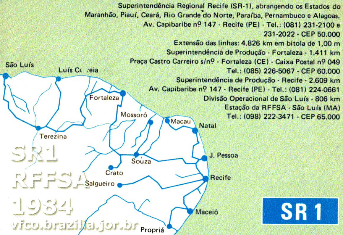 Mapa dos trilhos da SR-1 Recife da RFFSA - Rede Ferroviária Federal em 1984
