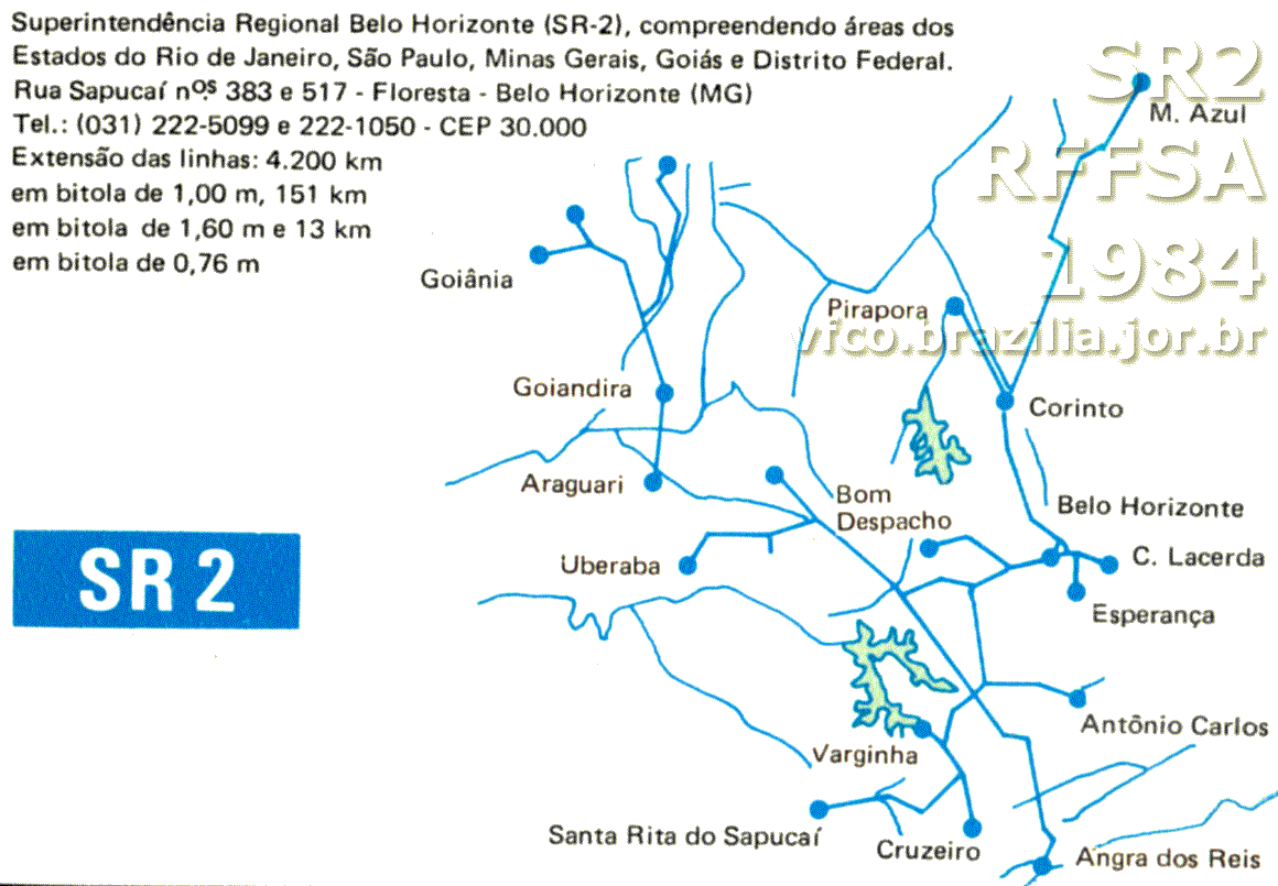 Mapa dos trilhos da SR-2 Belo Horizonte da RFFSA - Rede Ferroviária Federal em 1984