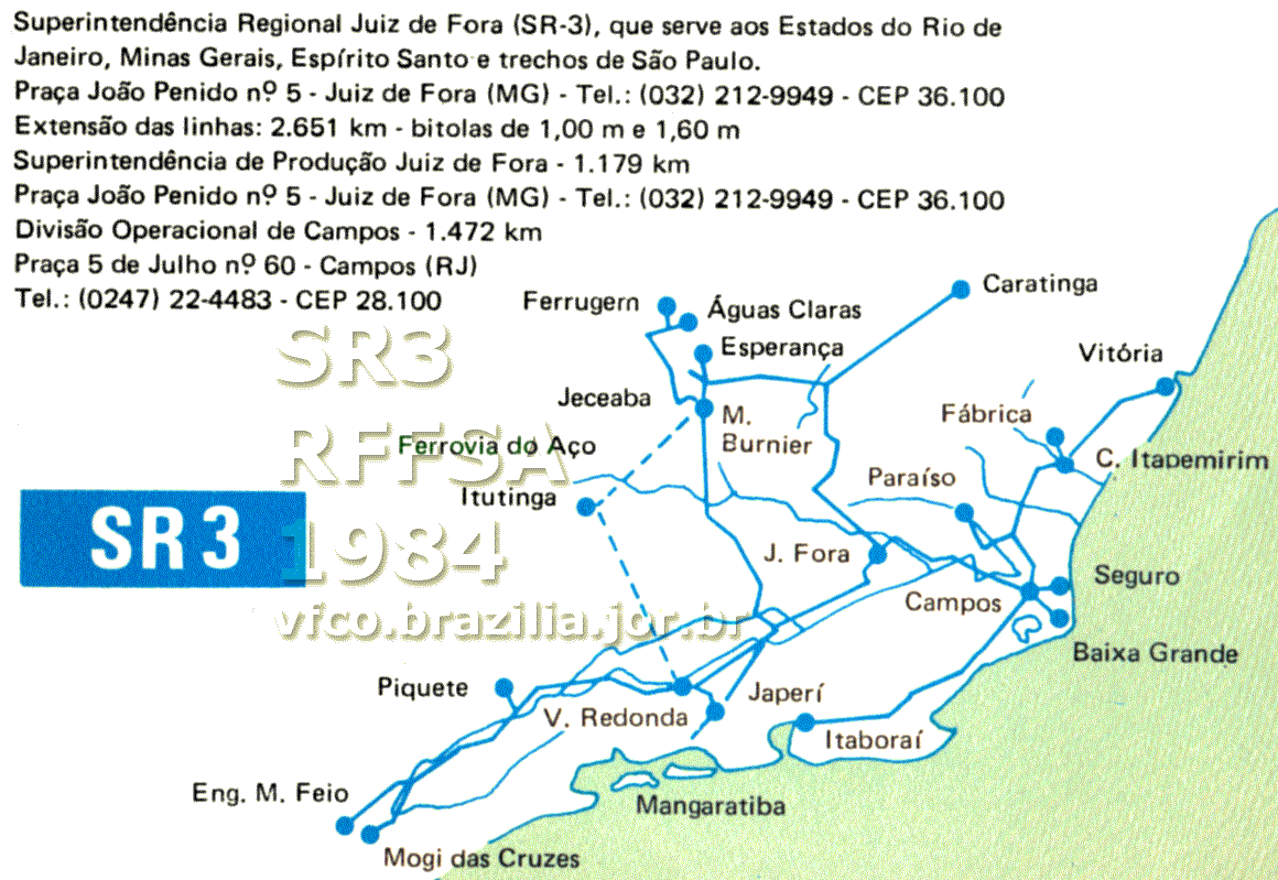 Mapa esquemático dos trilhos da SR-3 Juiz de Fora da RFFSA - Rede Ferroviária Federal em 1984