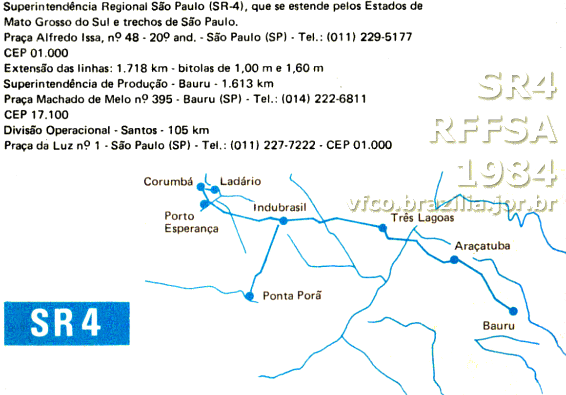 Mapa esquemático dos trilhos da SR-4 São Paulo da RFFSA - Rede Ferroviária Federal em 1984