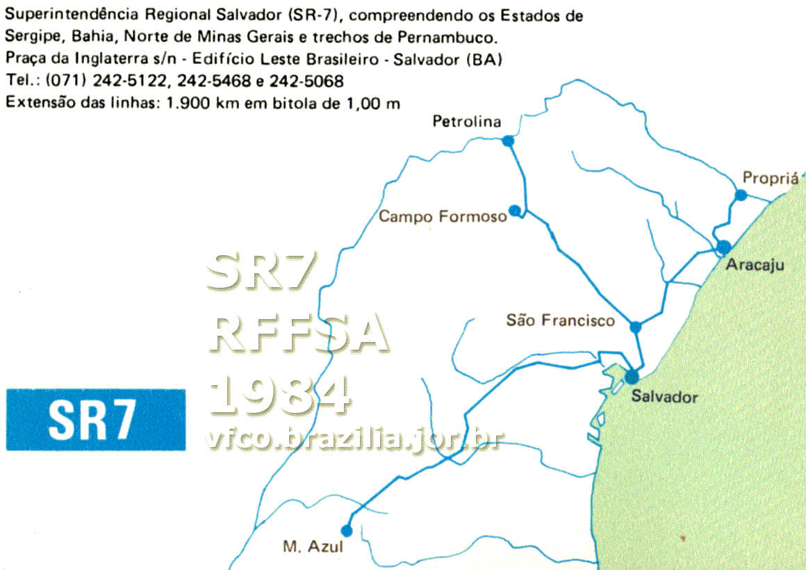 Mapa esquemático dos trilhos da SR-7 Salvador da RFFSA - Rede Ferroviária Federal em 1984