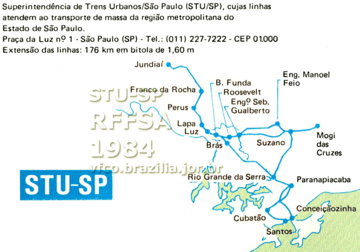 Mapa esquemático dos trilhos da STU-SP Superintendência de Trens Urbanos de São Paulo da RFFSA - Rede Ferroviária Federal em 1984