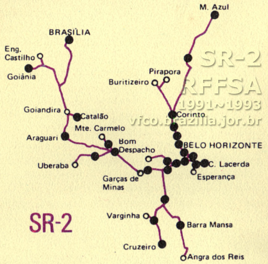 Abrangência e mapa dos trilhos da SR-2 Belo Horizonte da RFFSA em 1991