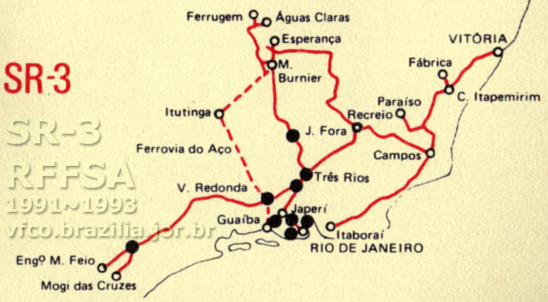 Abrangência e mapa dos trilhos da SR-3 Juiz de Fora da RFFSA em 1991