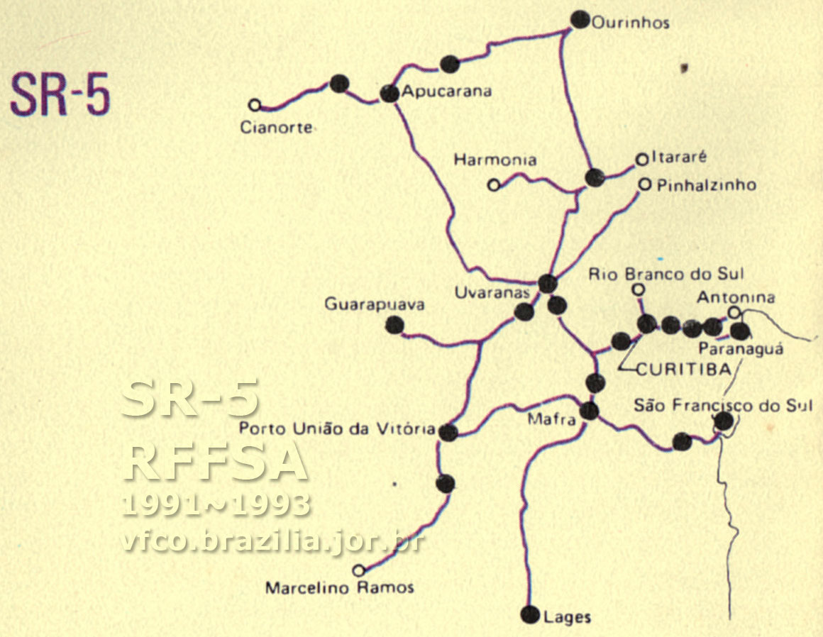 Abrangência e mapa dos trilhos da SR-5 Curitiba da RFFSA em 1991