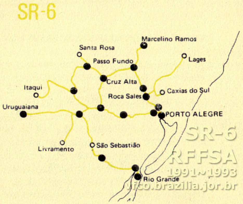 Abrangência e mapa dos trilhos da SR-6 Porto Alegre da RFFSA em 1991