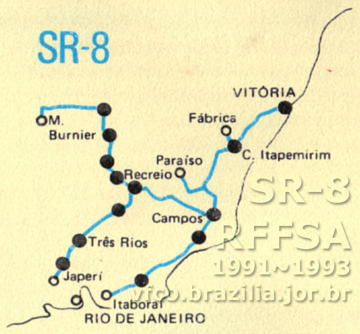 Abrangência e mapa dos trilhos da SR-8 Campos (RJ) da RFFSA em 1991