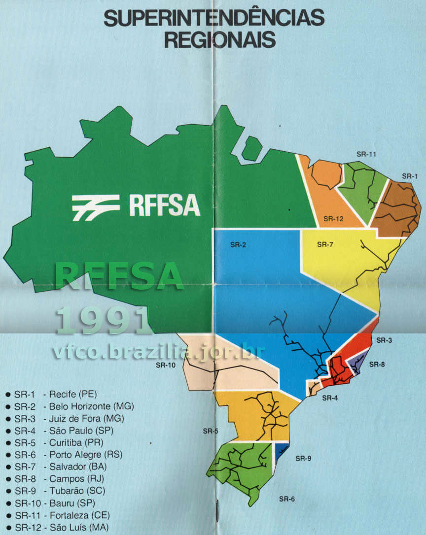 Os trilhos e as 12 Superintendências Regionais da RFFSA - Rede Ferroviária Federal em um mapa esquemático de 1991