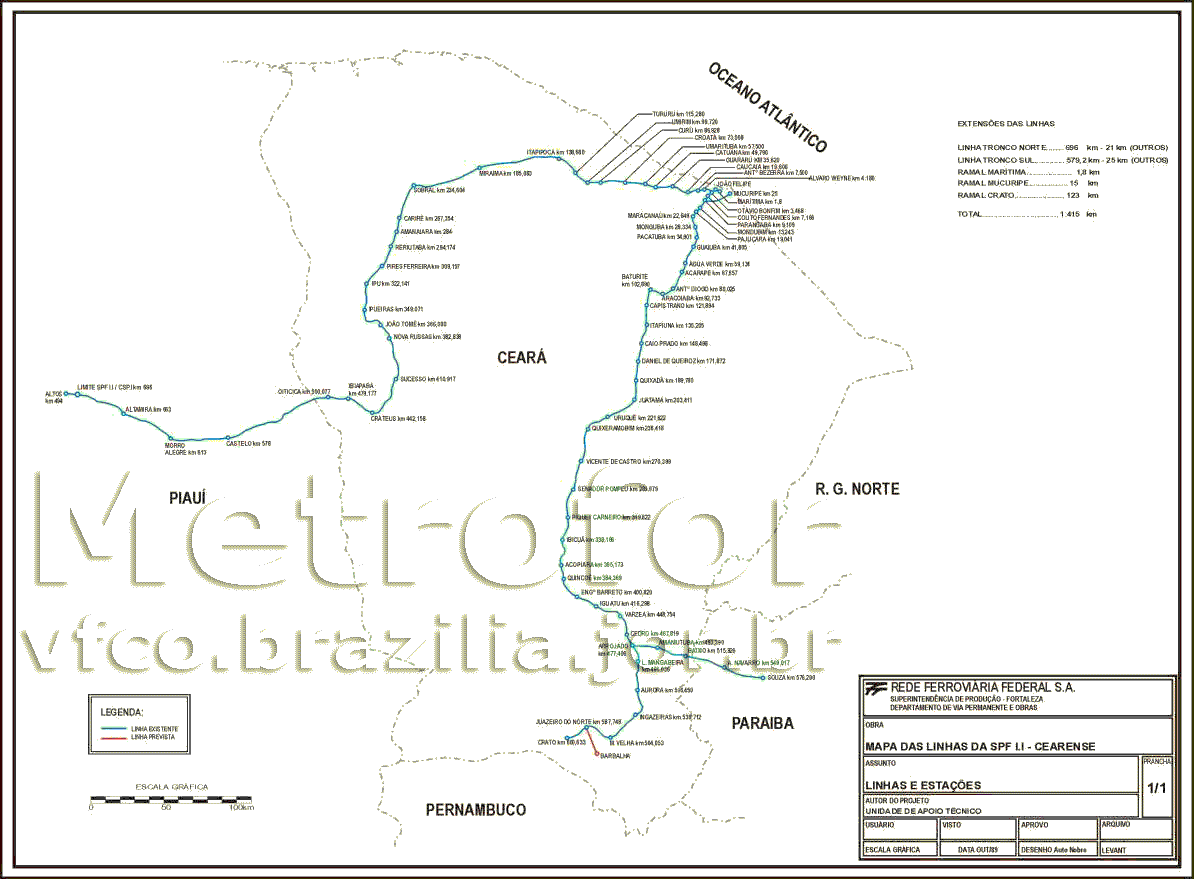 Mapa das linhas da antiga RFFSA no Ceará, com a localização do Metrô do Cariri