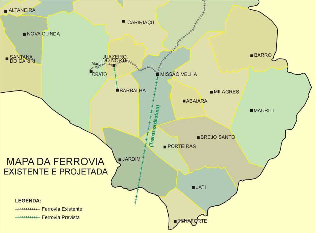 Mapa da localização do Metrô do Cariri na região, e em relação à Ferrovia Transnordestina