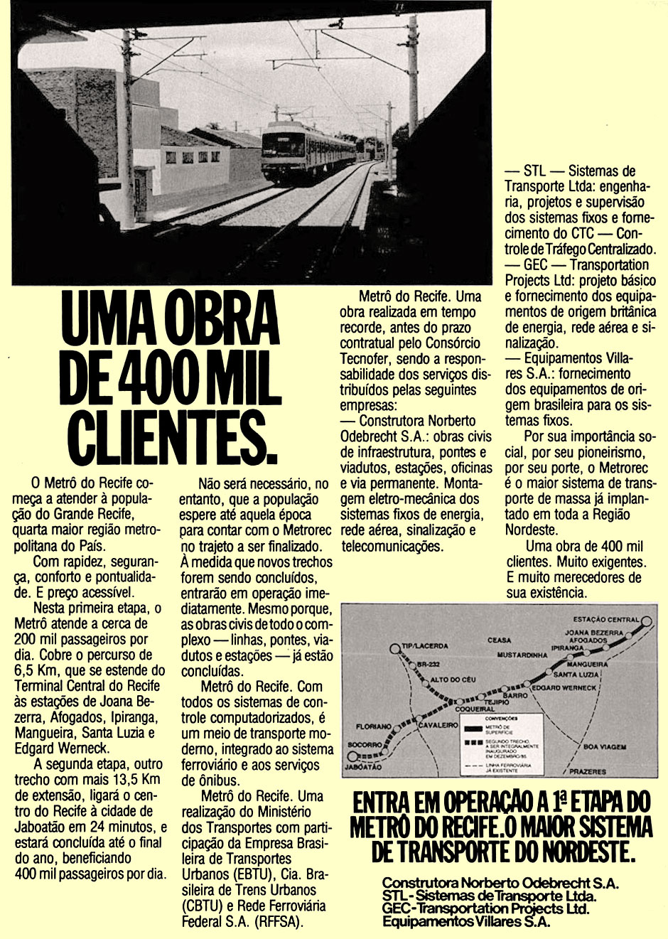 Anúncio do início da operação ferroviária do Trem Metropolitano do Recife em 1985