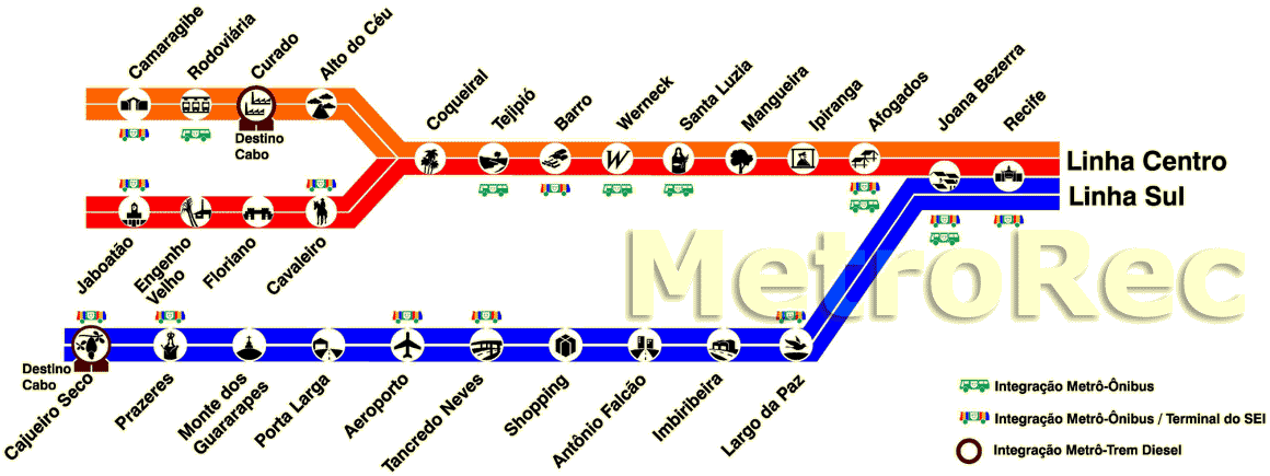 Mapa esquemático dos trilhos e estações do Metrô do Recife - MetroRec