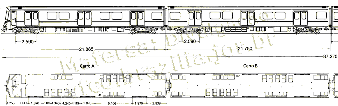 Desenho e medidas do Trem Mafersa do Metrô Rio - vagões A-B