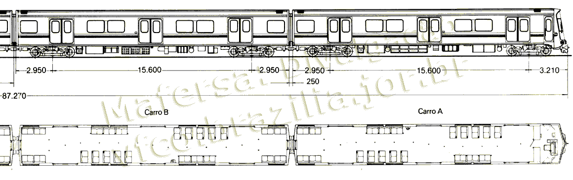 Desenho e medidas do Trem Mafersa do Metrô Rio - vagões B-A
