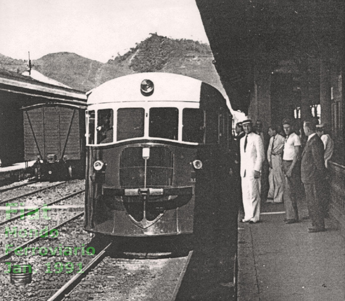 O trem automotriz ("litorina") Fiat da Estrada de Ferro Central do Brasil em uma estação ferroviária do vale do Paraíba