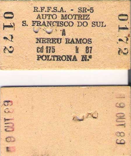 Bilhete de passagem ferroviário para a litorina (automotriz) da RFFSA - Rede Ferroviária Federal, no trecho de Corupá - São Francisco do Sul, outubro de 1989